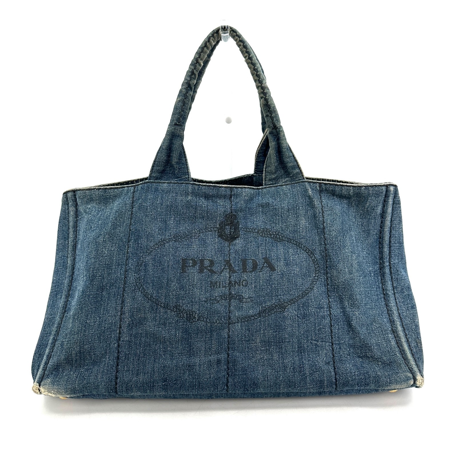 PRADA Canapa Tote Bag L Size Canvas Denim Authentic #359