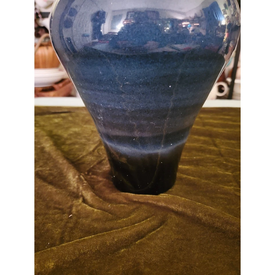 Jarrón de cerámica azul firmado arte cerámica decorativa ombre esmaltado moteado decoración del hogar Foto 4 de 4