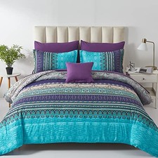 Boho Comforter Set Size 8 Piece Bed in a Bag Bohemian Striped Queen Aqua