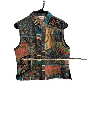 Vintage 90s Chicos Denim Vest Embroidered Patchwork Boho Western Art Size 1