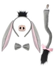 4 Pieces Donkey Ears and Tail Set-Donkey Headband with Tail Nose Bow Tie Grey