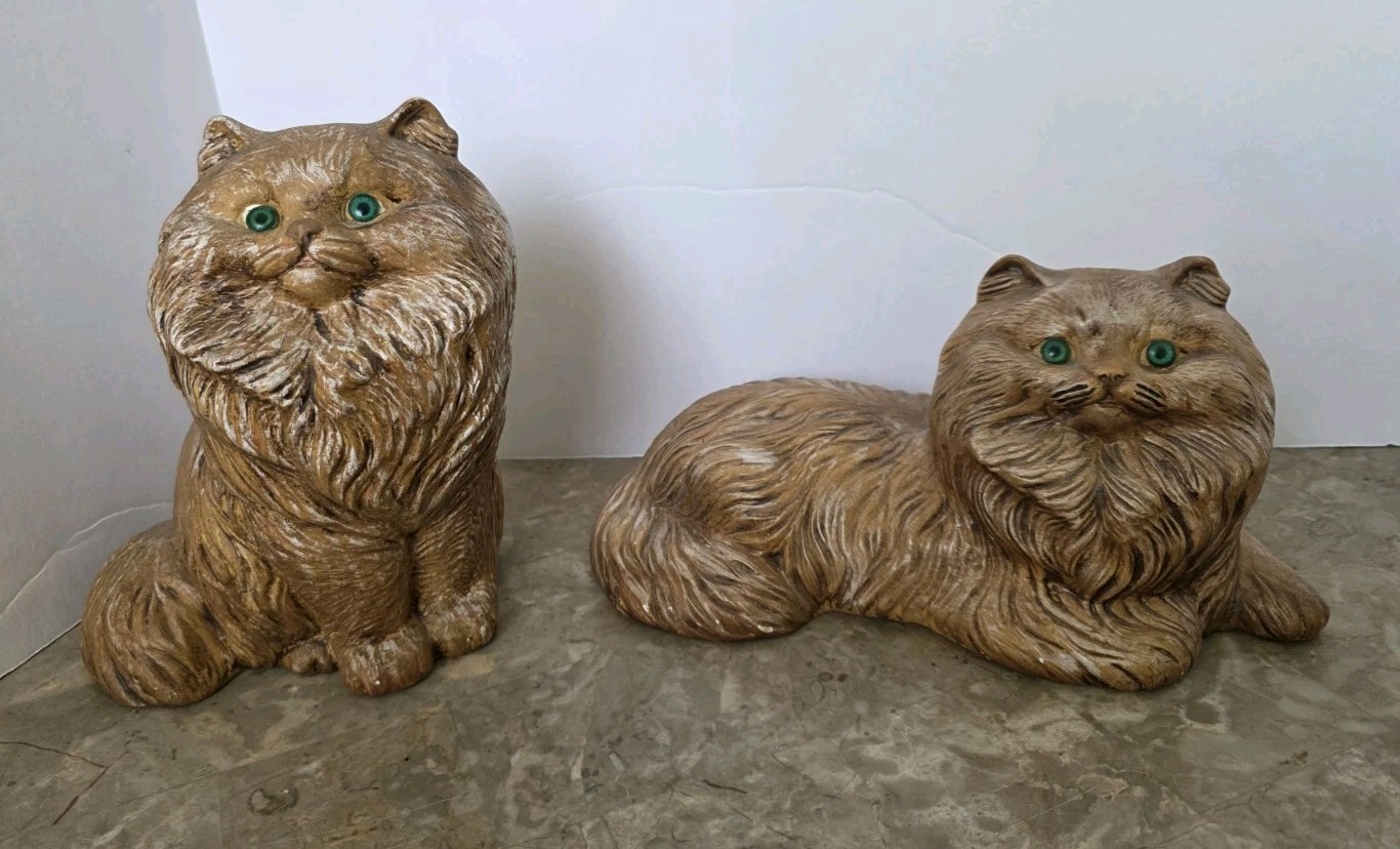 Vintage 70's Ceramic Cats Tan Green Eyes Standing Cat 8