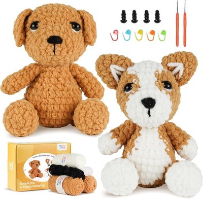 Crochet Kit for Beginners   2 Pack Dog DIY Set with Yarn, Hook & Video Guide 