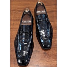 Handmade Men's Genuine Black Crocodile Print Leather Loafer Moccasin Dress Shoes