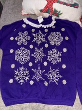 Vtg Christmas Center Aisle Girls Purple Snowflake Crewneck W/ Lace Sz L 10-12 