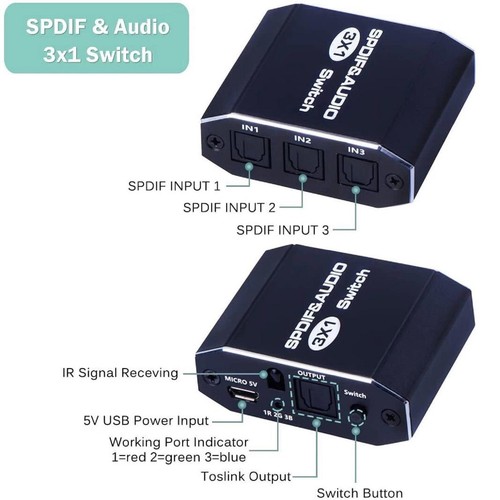 3x1 Aluminum Spdif Toslink Optical Digital Audio Splitter Remote Switch Hub a - Picture 4 of 8