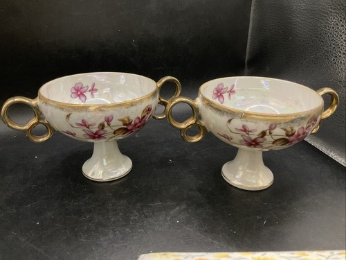 2 Porcelain Japan Opalescent Pedestal Dbl Handle Purple/rose Flower bowl 74i