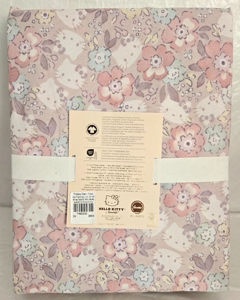 Pottery Barn Teen Hello Kitty Heritage Floral Organic Sheet Set of 3 Twin XL - Image 2 of 2