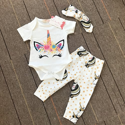 NWT Unicorn Baby Girls Bodysuit Sparkle Gold Pants Headband Outfit 18-24 Months