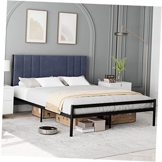Full Bed Frame with Velvet Headboard, Heavy Duty Metal Platform Design-image