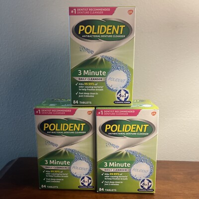 Polident 3 Minute Antibacterial Denture Cleanser 84 Tablets 3 PACKS Exp 08/2026