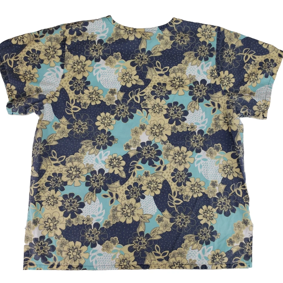 Tafford Scrub Top Floral Pattern 2 Pocket V-Neck Pullover Aqua Yellow Blue White - Image 3 of 4