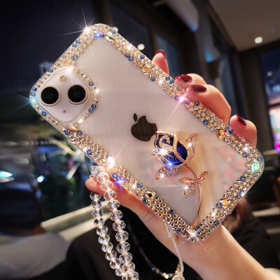 For iPhone 14 13 Pro Max 12 11 XS XR Rose Flower Crystal