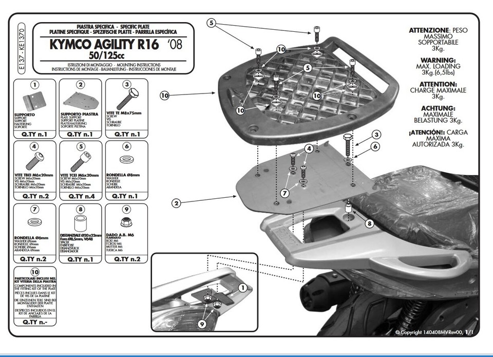 Bike Equipment Top Case Träger Chrom - Für Kymco Like 50, 125, 200
