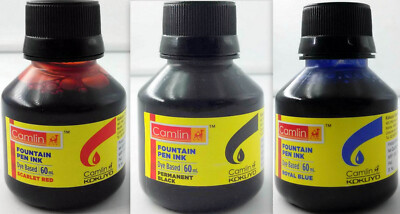 3 Camel Füllfederhalter Tinte SCHWARZ BLAU ROT Flaschen 60 ml 2 Unzen Camlin ...