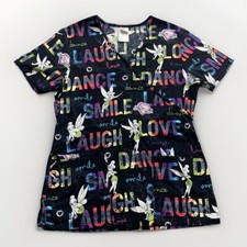 Disney TinkerBell Love Life Scrub Top Women  s XS AOP Uniform Nurse Black