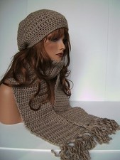 TAUPE BEIGE HAND CROCHET HAT SCARF SET HAND MADE HIPPIE BEANIE BOHO TAM SKI CAP