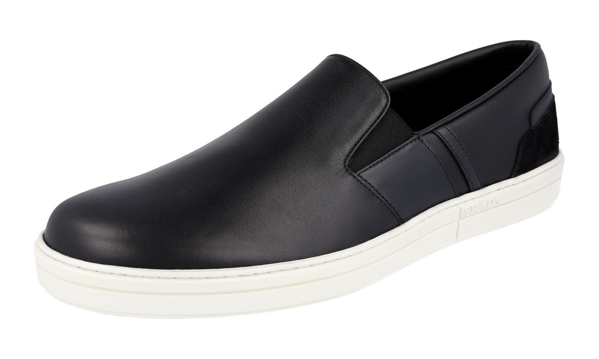 PRADA SLIP-ON SNEAKERS SHOES 4D3523 BLACK WHITE BLUE LEATHER  display picture 1