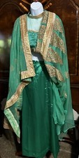 Women  s Ethnic 3-Pc Ensemble Handmade Custom Green Satin Chiffon Gold Rhinestone