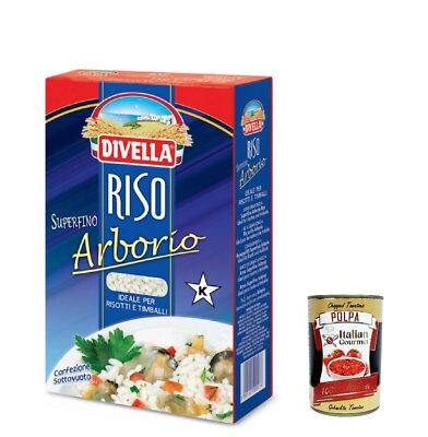 12x Divella Riso Arborio, Runde Reiskörner 1kg+Polpa 400g