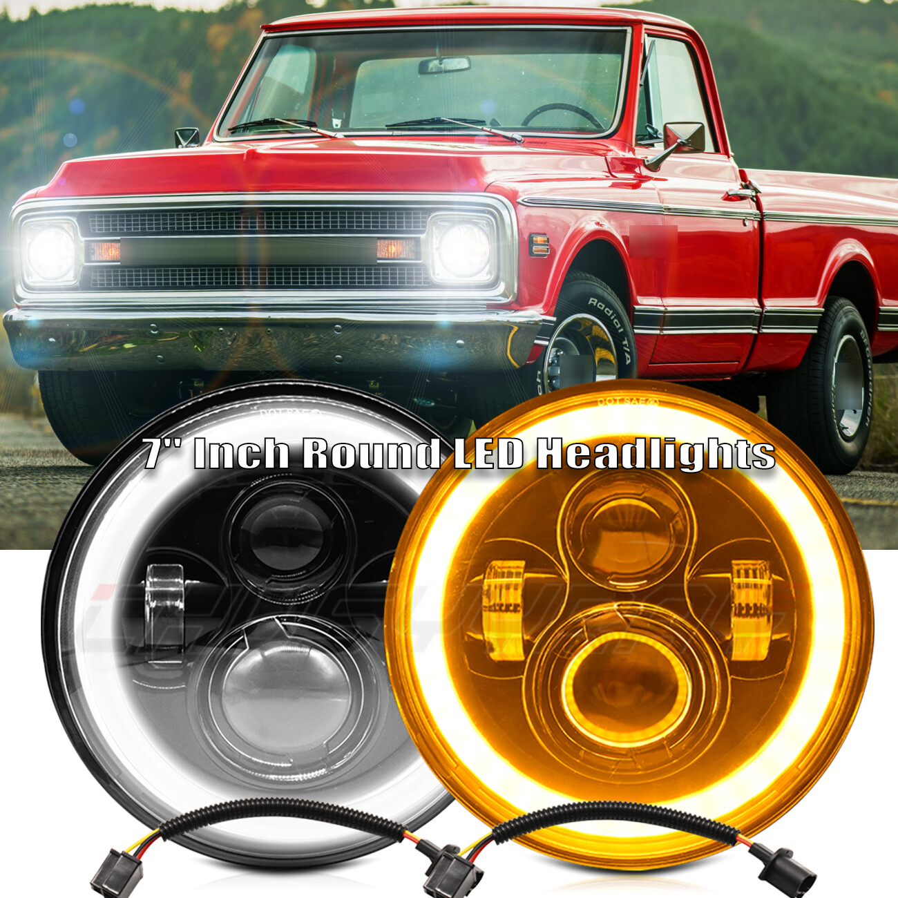 Pair 7 Inch Round LED Headlights Chrome HI-LO for Chevy C10 Camaro Pickup Truck/