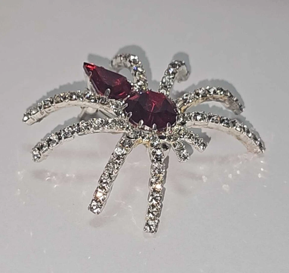 Spider Brooch Pin Silver Tone Red And White Rinestones - Изображение 3 из 4