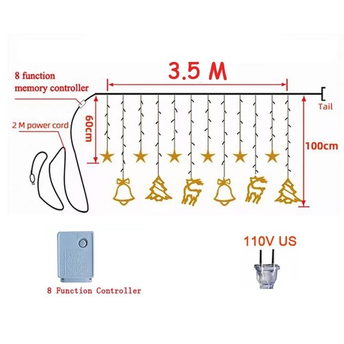 138 LED Star Deer Bell Curtain Fairy String Lights Hanging Christmas Party Decor - Picture 9 of 14