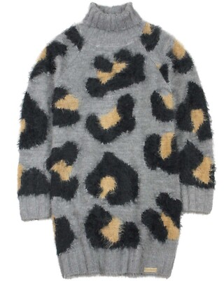 BOBOLI Girls Wool Knit Fuzzy Shag Gray Turtleneck Sweater Dress Cheetah Print 14