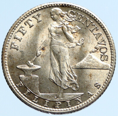 1944 S PHILIPPINES Under US Administration Eagle Silver 50 Centavos Coin i97186