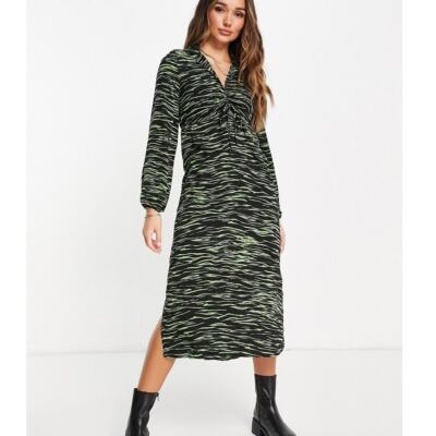 Vero Moda Ruched Front Zebra Print Midi Dress In Green-Multi NWT Size Medium