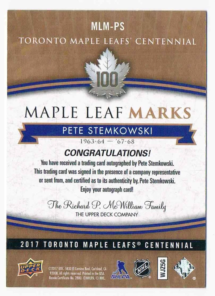 2017-18 UPPER DECK CENTENNIAL MARKS PETE STEMKOWSKI TORONTO MAPLE LEAFS #MLM-PS - Image 2 of 2