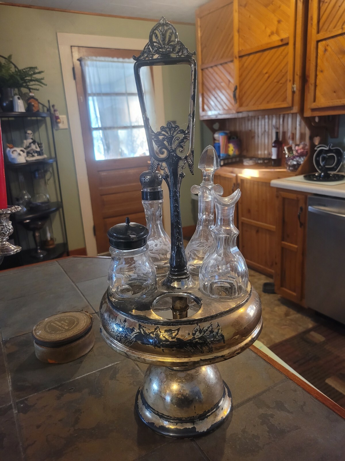 Antique Rockford Co Cruet SET Silver Plated Quadruple Plate 5 Etched