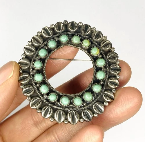 Vintage Sterling Silver Mexico Handmade Repousse Round Turquoise Stone Brooch