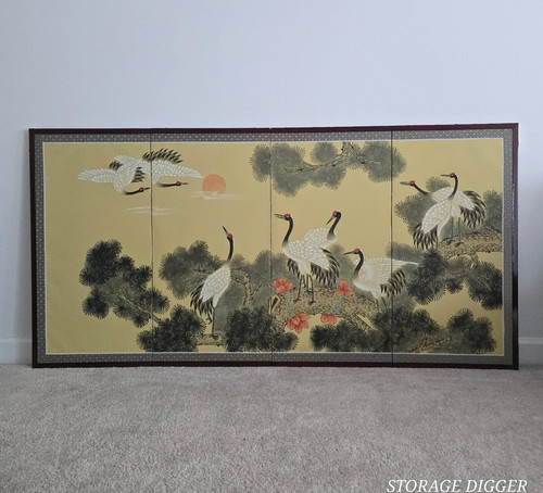 Vintage Chinese Cranes, Tree and Flowers Watercolor On Silk Huge 4 Panel Screen