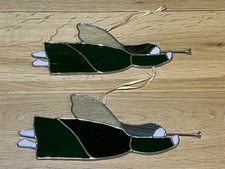 Vtg Stained Glass Angels w/Horn Set of 2 Hanging 10" long