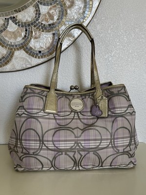 Coach Signature Lavender Tartan Plaid Framed Kiss Lock Carryall