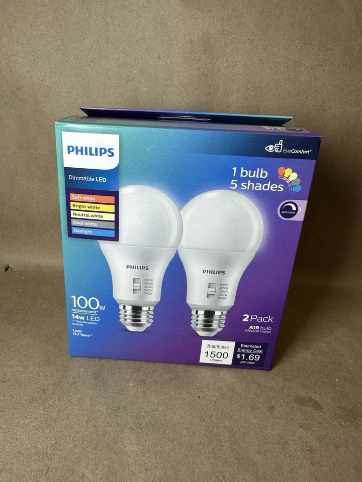 Philips LED Multi-CCT Dip Switch 100W A19 2P: Dimmable 13.7-Year Life - 2 boxes - Image 2 of 4