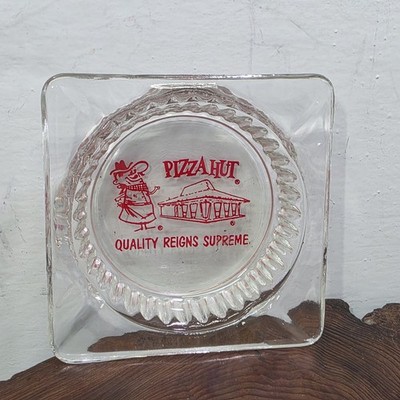 Vintage Pizza Hut Glass Ashtray Quality Reigns Supreme Red Logo Restaurant 1980s