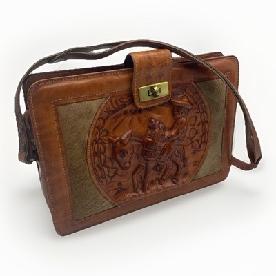 Vintage Purse Bag Spanish Mexican Burro Donkey Embossed Tooled Leather Fur
