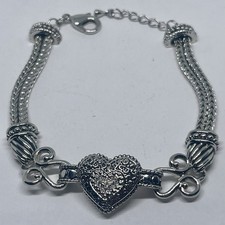 Lia Sophia Bracelet Love Dust Heart Silver Tone Chain Textured Scroll Rhinestone