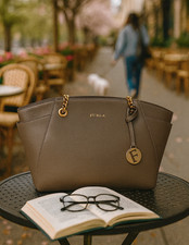 NEW FURLA Julia Tulip Daino Taupe Saffiano Leather Chain Strap Shoulder Tote Bag