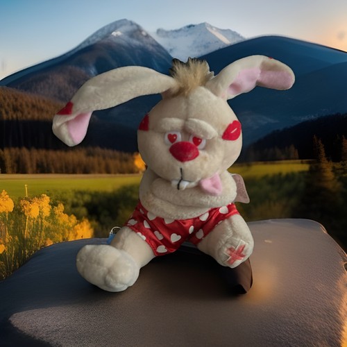 Vtg Meanies "Got Lucky" Bunny Plush with Red Lips & Hearts