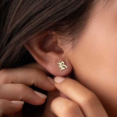 Gold Tone Initial Letter Stud Earrings - Metal, No Stone, Lobe