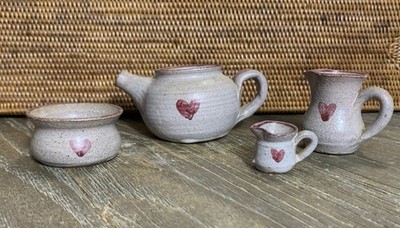 VTG Dollhouse Miniature Tea Pot Sugar & Creamer Red Heart Artisan Signed