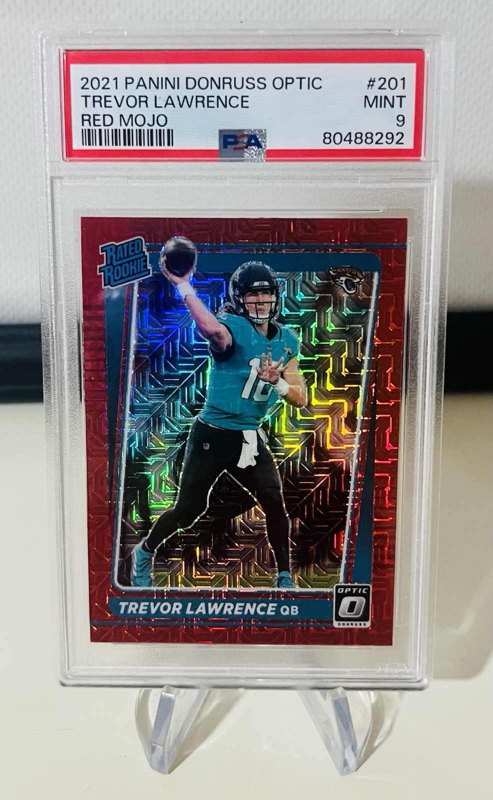 2021 Donruss Optic Rated Rookie Trevor Lawrence #201 Red Mojo Prizm RC SP PSA 9