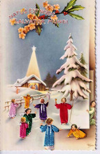A vintage Spanish Christmas Card with colorful embroidered angels & deckled edge