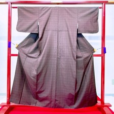 Japanese Kimono 'TSUMUGI' Silk/Dark purple/check/Traditional/Length:161cm N1043