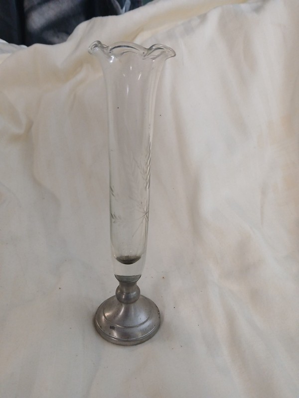 Vintage Etched Glass Bud Vase w/ Sterling Silver Pedestal by Web Wheat Motif