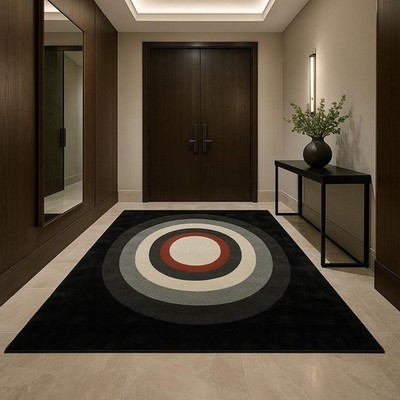 Modern Multi Ring Target Rug | Hand Tufted Black Circle Area Handmade Carpet Rug