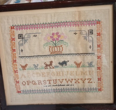 Antique 20th Century Folk Art Hand Made Cross Stitch Framed /Glass Sampler Wood